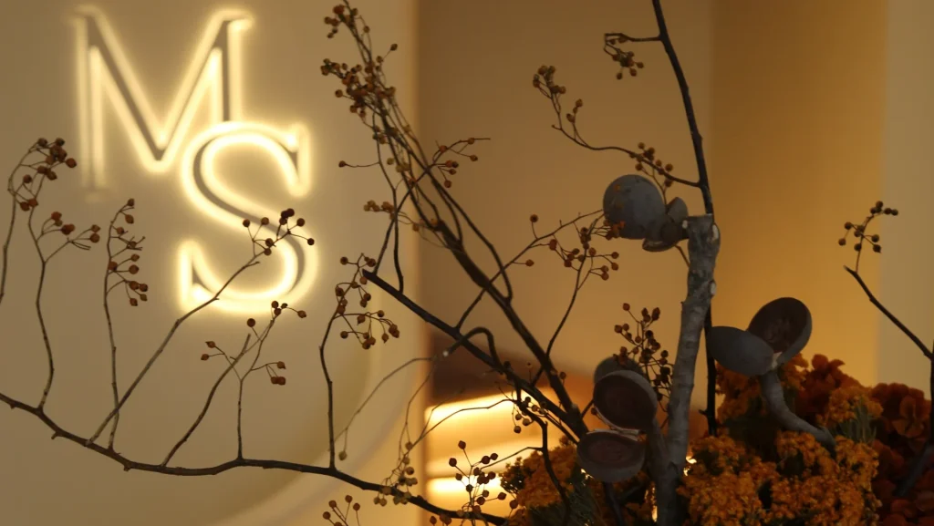Melbourne Skin clinic interior with MS logo and elegant botanical decor